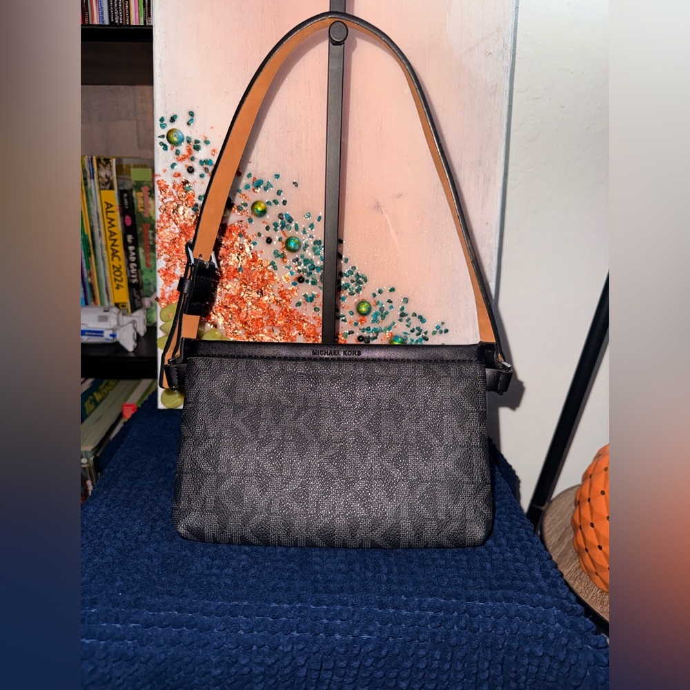 Michael Kors Black Logo-Print Shoulder Bag with Tan Strap